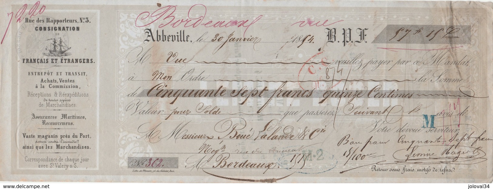Lettre Change 30/1/1854 LEMIRE ROGER Consignation Transit ABBEVILLE Somme Pour Lalande Bordeaux Gironde - Lettres De Change
