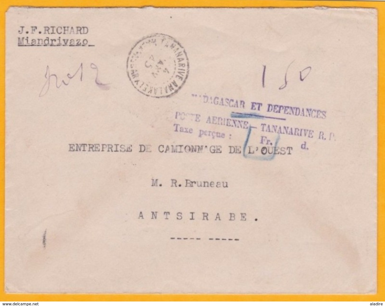 1945 - Envel. De Tananarive Antanimena Vers Antsirabe - TAXE PERCUE Faute De Timbres - Pénurie Liée à La Guerre - Lettres & Documents