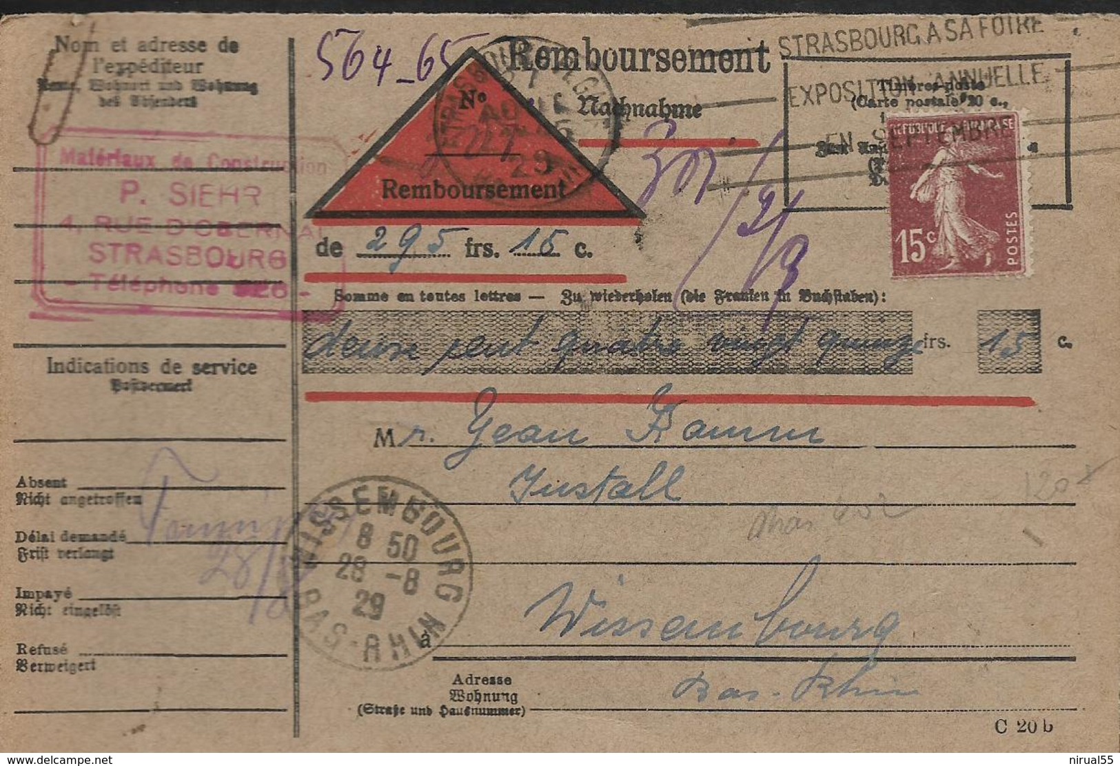 CARTE REMBOURSEMENT 15c Semeuse Au Départ De STRASBOURG Pour WISSEMBOURG Alsace  1929 . ..G - 1921-1960: Modern Period