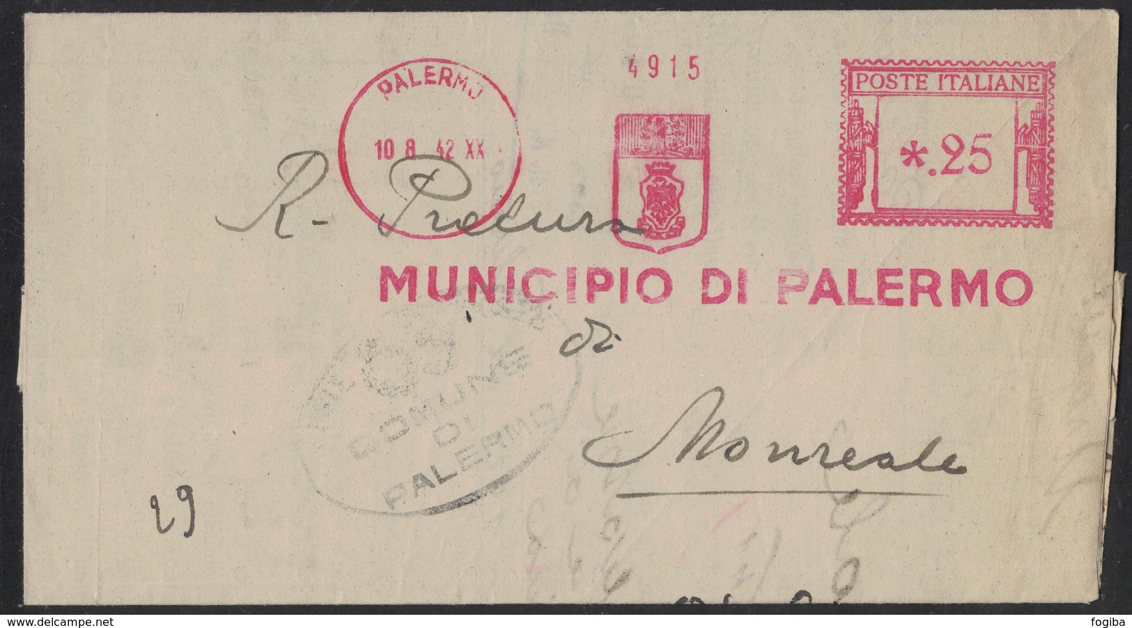KA16    EMA, Red Meter 1942  Municipio Di Palermo - Macchine Per Obliterare (EMA)