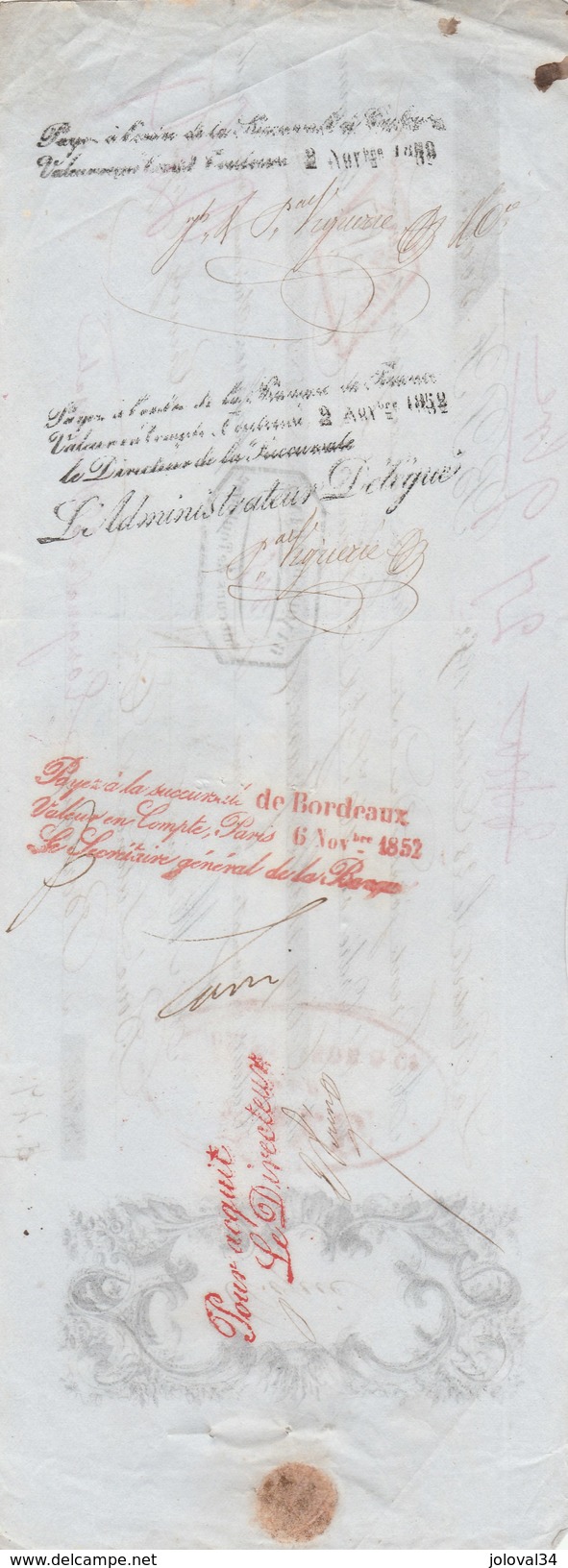 Lettre Change N° 16 Avec Copie 28/10/1852 P RECOULY LA REDORTE Aude Pour Boué Lalande Vins Bordeaux Par Banque De France - Lettres De Change