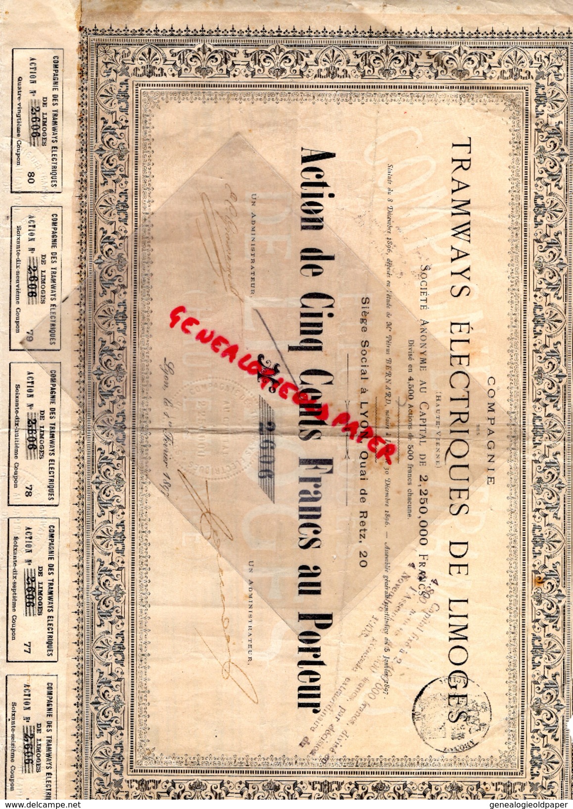 87 - LIMOGES - TRES RARE ACTION DE 500 CENTS FRANCS AU PORTEUR - TRAMWAYS ELECTRIQUES - TRAMWAY- LYON 1897 - Transports