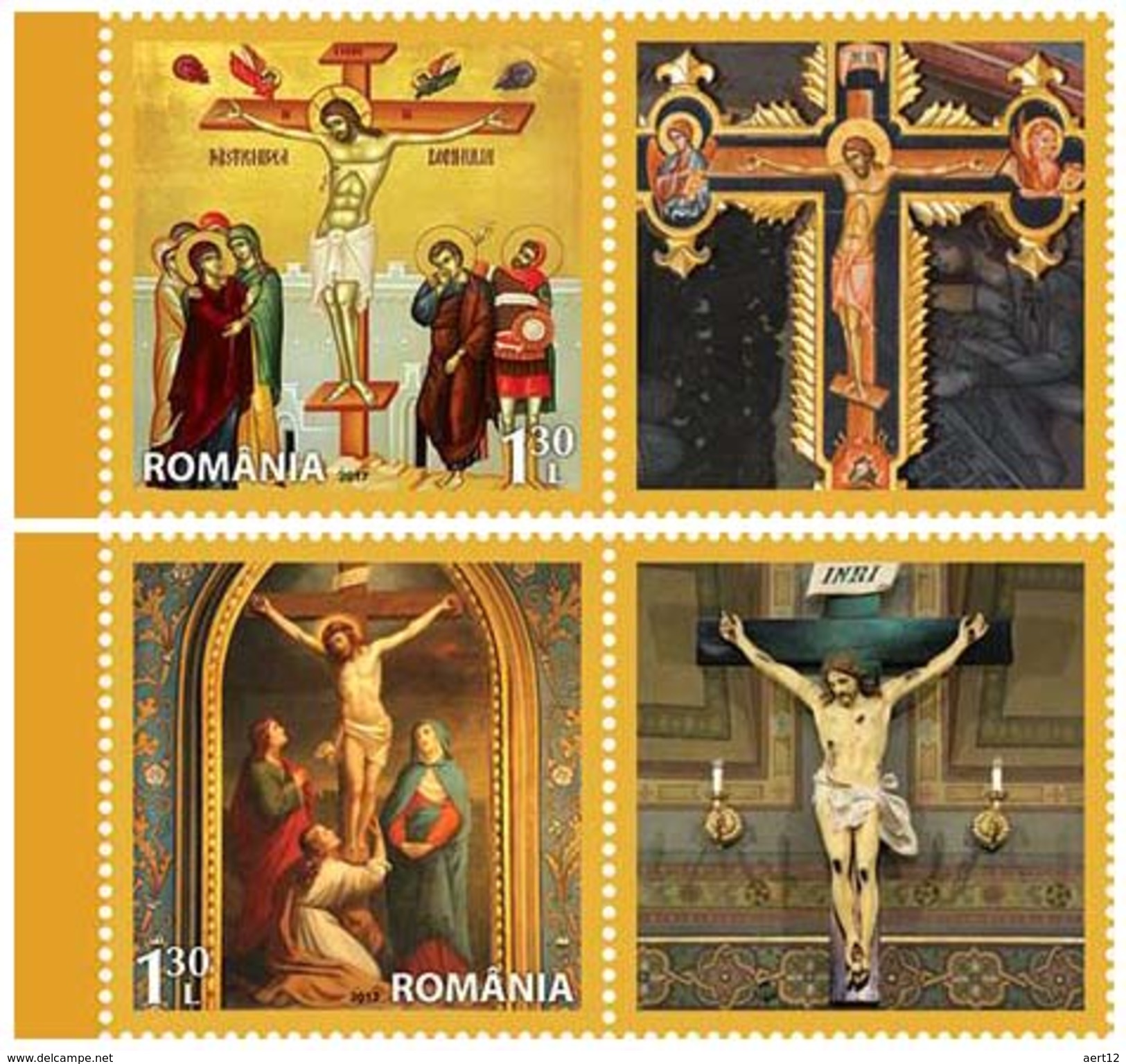 ROMANIA, 2017, HOLY EASTER, Religion, Painting, Icons, Crucifix, Set Of 2 Stamps + Label, MNH (**), LPMP 2137 - Neufs