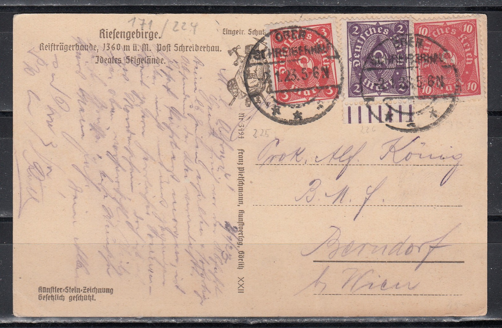 Dt.Reich 1923 Steindruckkarte "Riesengebirge:Reifträgerbaude-Deutschböhmerhaus" Gelaufen - Schlesien