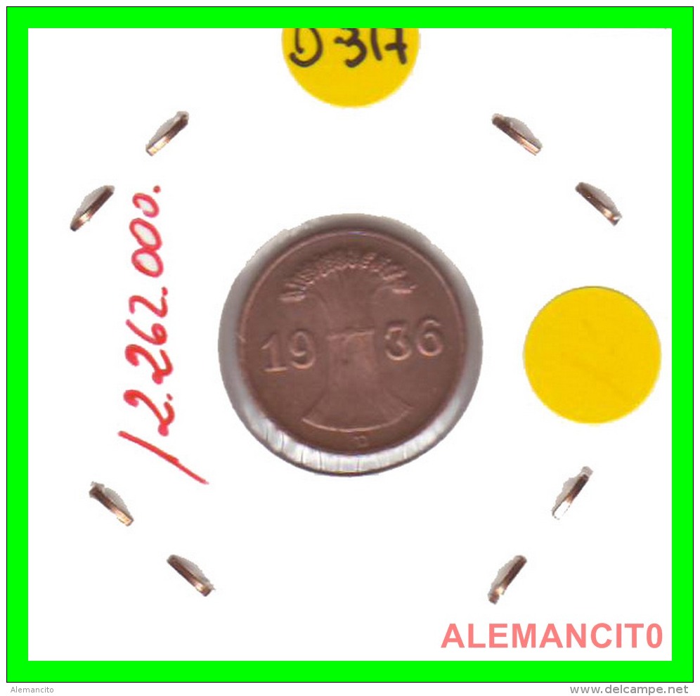 GERMANY  -   MONEDA  DE  1- REICHSPFENNIG  AÑO 1936 D   Bronze - 1 Rentenpfennig & 1 Reichspfennig