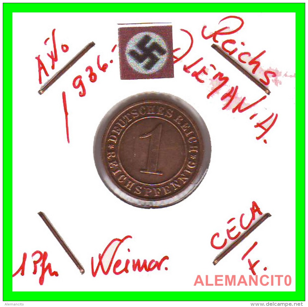 GERMANY  -   MONEDA  DE  1- REICHSPFENNIG  AÑO 1936 F   Bronze - 1 Rentenpfennig & 1 Reichspfennig