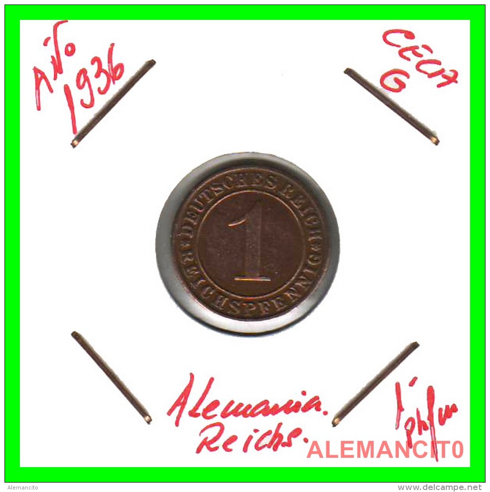 GERMANY  -   MONEDA  DE  1- REICHSPFENNIG  AÑO 1936 G   Bronze - 1 Rentenpfennig & 1 Reichspfennig