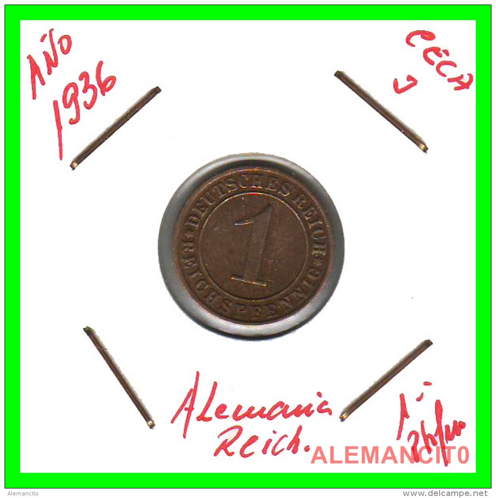 GERMANY  -   MONEDA  DE  1- REICHSPFENNIG  AÑO 1936 J   Bronze - 1 Rentenpfennig & 1 Reichspfennig