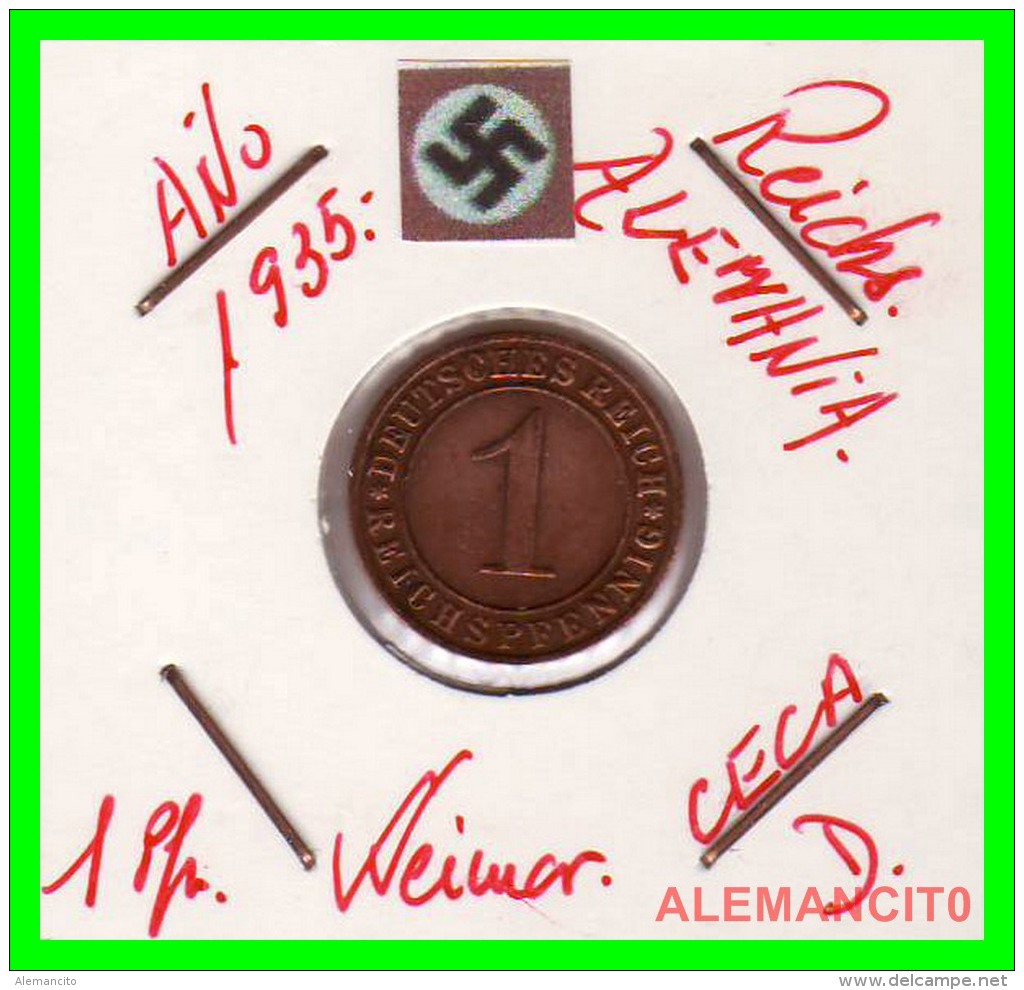 GERMANY  -   MONEDA  DE  1- REICHSPFENNIG  AÑO 1935 D   Bronze - 1 Rentenpfennig & 1 Reichspfennig