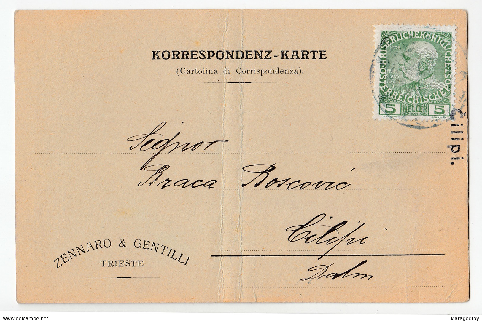 Zennaro & Gentilli Trieste Company Post Card Korrespondenz-Karte Travelled 1912 To Braca Boscovic Cilipi Ragusa Bb170325 - Covers & Documents