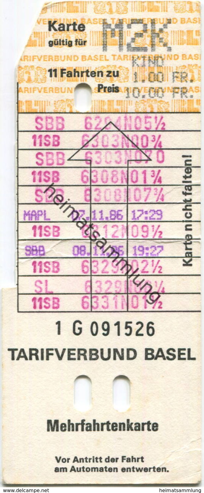 Schweiz - Tarifverbund Basel - Mehrfahrtenkarte Kind  - Billet 10.00 Fr. - Europa