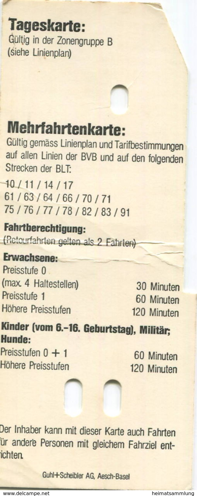 Schweiz - Tarifverbund Basel - Mehrfahrtenkarte Kind  - Billet 10.00 Fr. - Europa