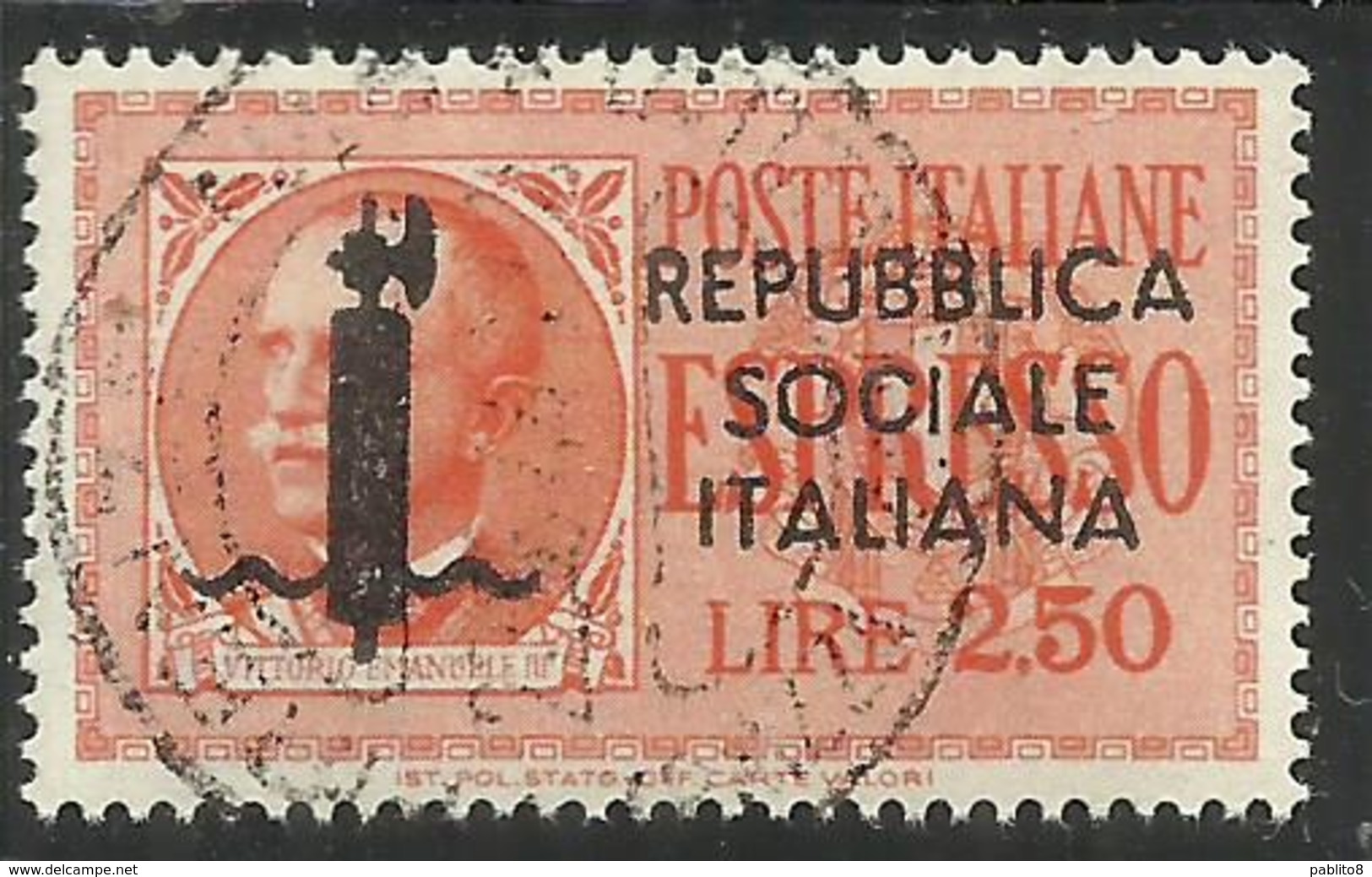 ITALIA REGNO ITALY KINGDOM 1944 RSI ESPRESSI FASCIO EFFIGIE VITTORIO EMANUELE ESPRESSO SPECIAL DELIVERY LIRE 2,50 USATO - Express Mail