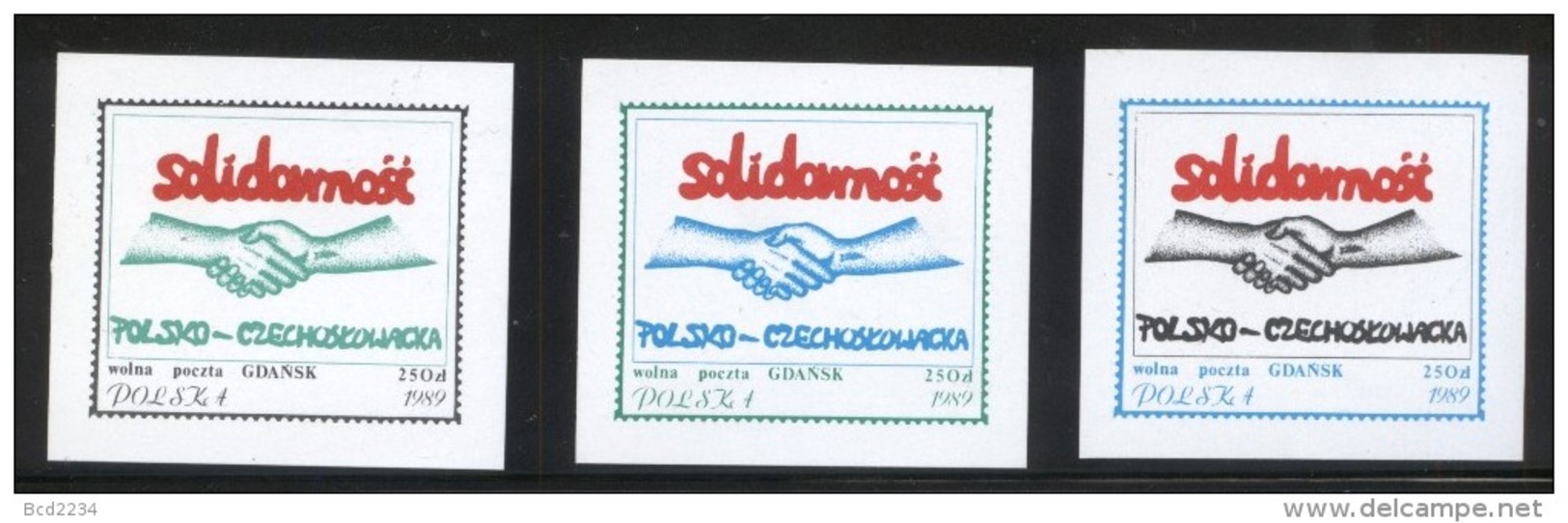 POLAND SOLIDARITY SOLIDARNOSC WOLNA POCZTA GDANSK 1989 CZECHOSLOVAKIA FRIENDSHIP SHAKING HANDS SET OF 3 PEACE - Errors, Freaks & Oddities (EFO)