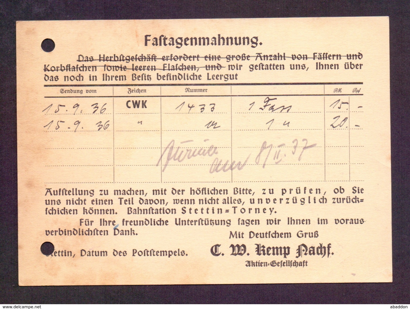 DR Firmenkarte AFS - 3Pfg - Urkemp, Wein-Rum-Arrak-Import Weinbrennerei, STETTIN-NEUTORNEY   8.1.37 - Maschinenstempel (EMA)