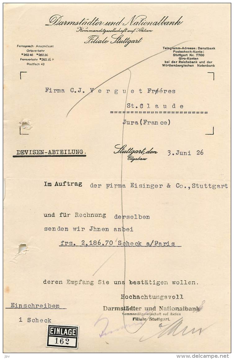 FACTURE - LETTRE : DARMSTADTER UND NATIONALBANK LILIALE STUTTGART - 1926 - Sonstige & Ohne Zuordnung