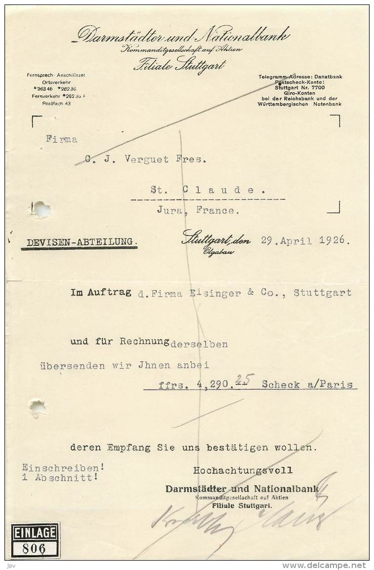 FACTURE - LETTRE : DARMSTADTER UND NATIONALBANK LILIALE STUTTGART - 1926 - Other & Unclassified