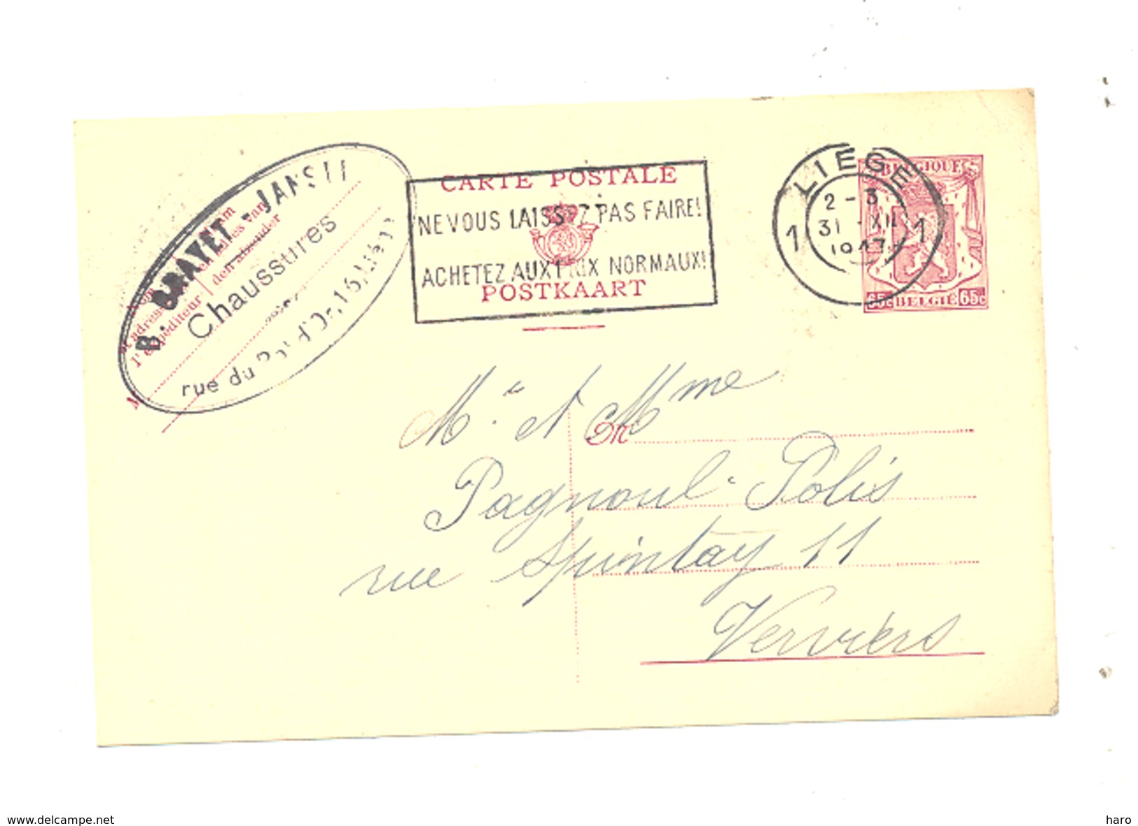 Carte Pré Timbrée- Entier Postal - Cachet De La Maison GRAYET De LIEGE - Chaussures  1947  (rl) - Enveloppes-lettres