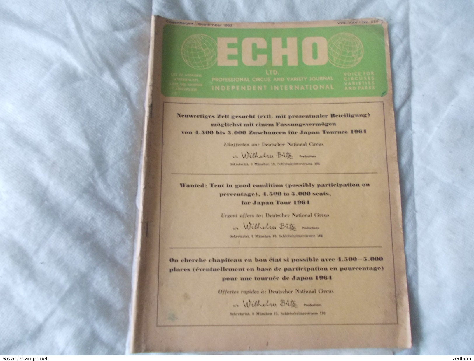 ECHO LTD Professional Circus And Variety Journal Independent International N° 259 September 1963 - Unterhaltung