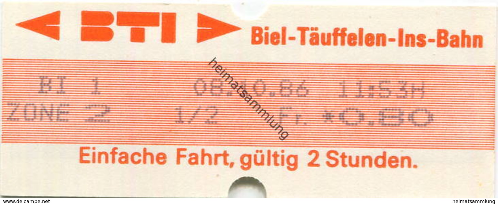 Schweiz - BTI - Biel-Täuffelen-Ins-Bahn - Fahrschein - Europa