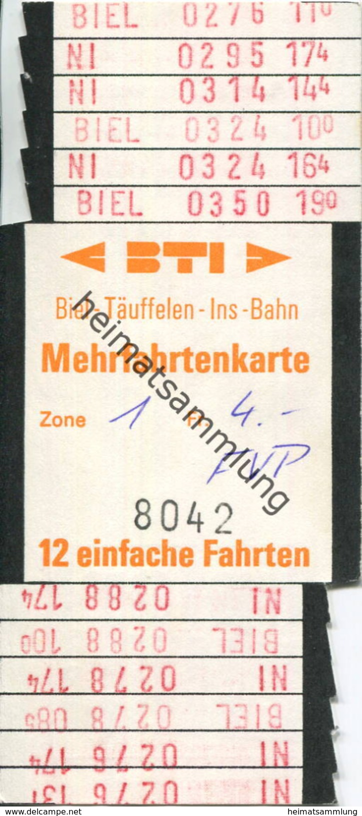 Schweiz - BTI - Biel-Täuffelen-Ins-Bahn - Mehrfahrtenkarte Fr. 4.- - Europa