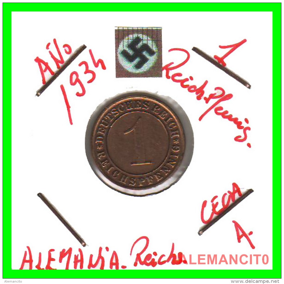 GERMANY  -   MONEDA  DE  1- REICHSPFENNIG  AÑO 1934.A   Bronze - 1 Rentenpfennig & 1 Reichspfennig