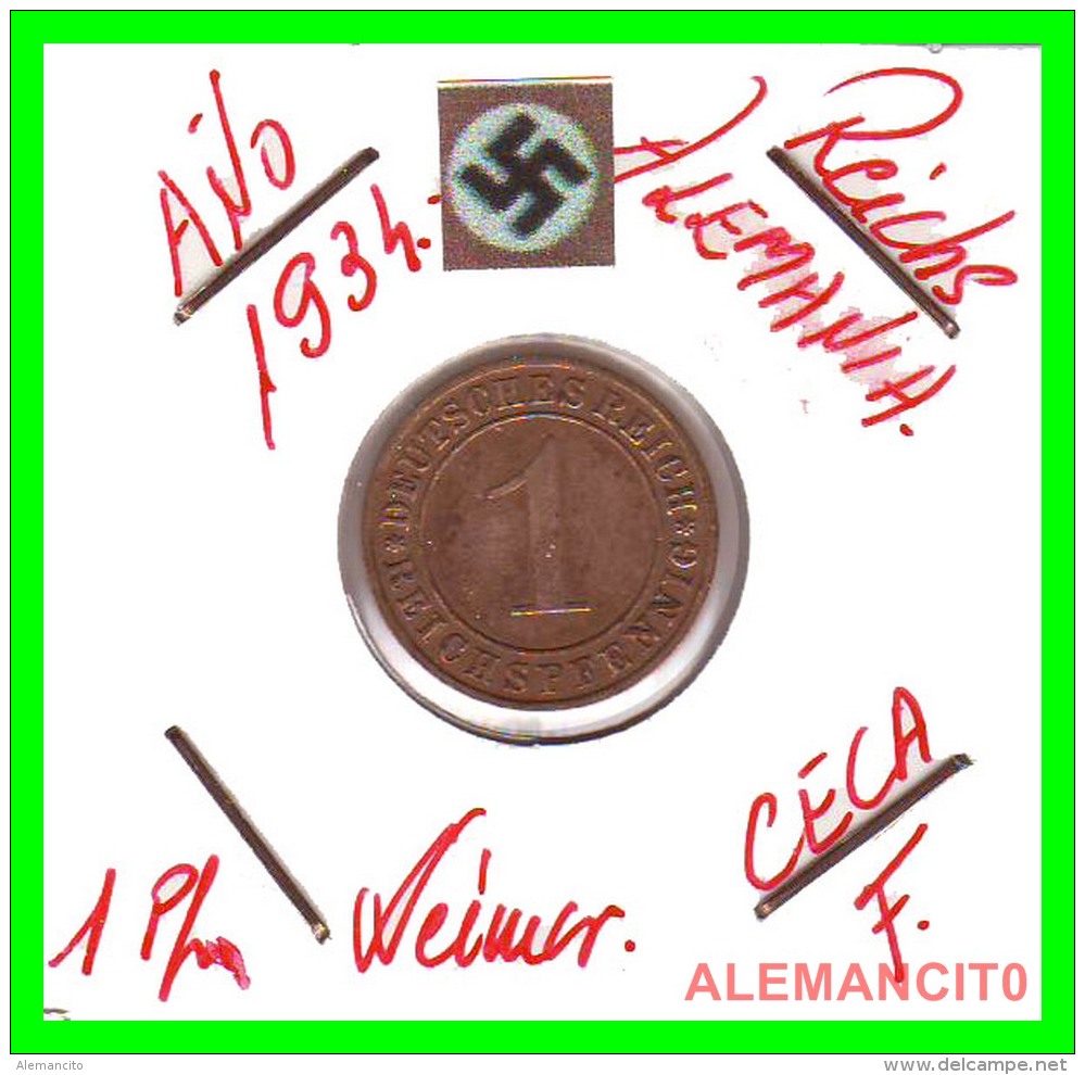 GERMANY  -   MONEDA  DE  1- REICHSPFENNIG  AÑO 1934 F   Bronze - 1 Rentenpfennig & 1 Reichspfennig