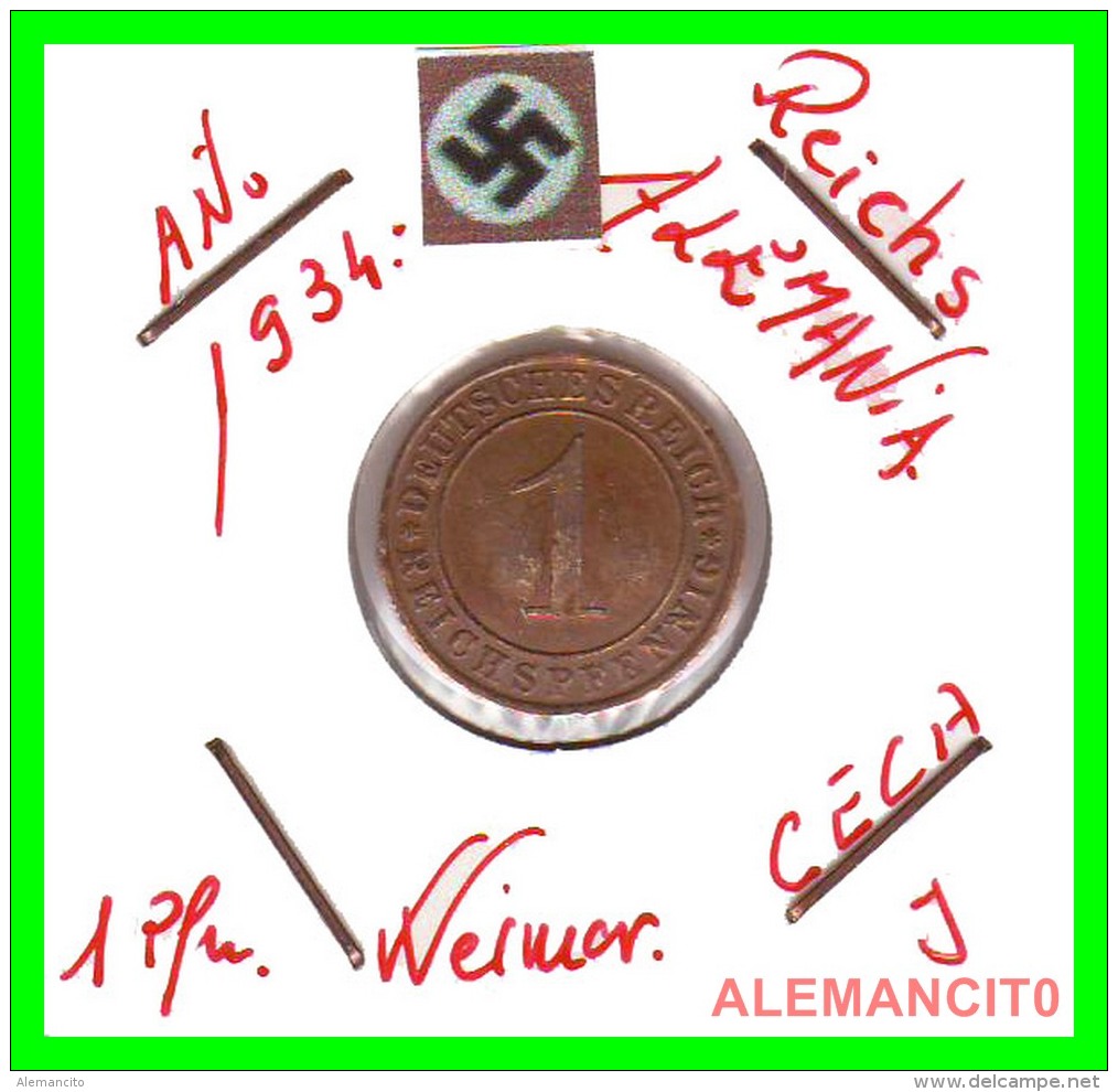 GERMANY  -   MONEDA  DE  1- REICHSPFENNIG  AÑO 1934 J   Bronze - 1 Rentenpfennig & 1 Reichspfennig