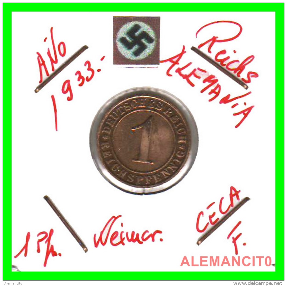 GERMANY  -   MONEDA  DE  1- REICHSPFENNIG  AÑO 1933 F   Bronze - 1 Rentenpfennig & 1 Reichspfennig