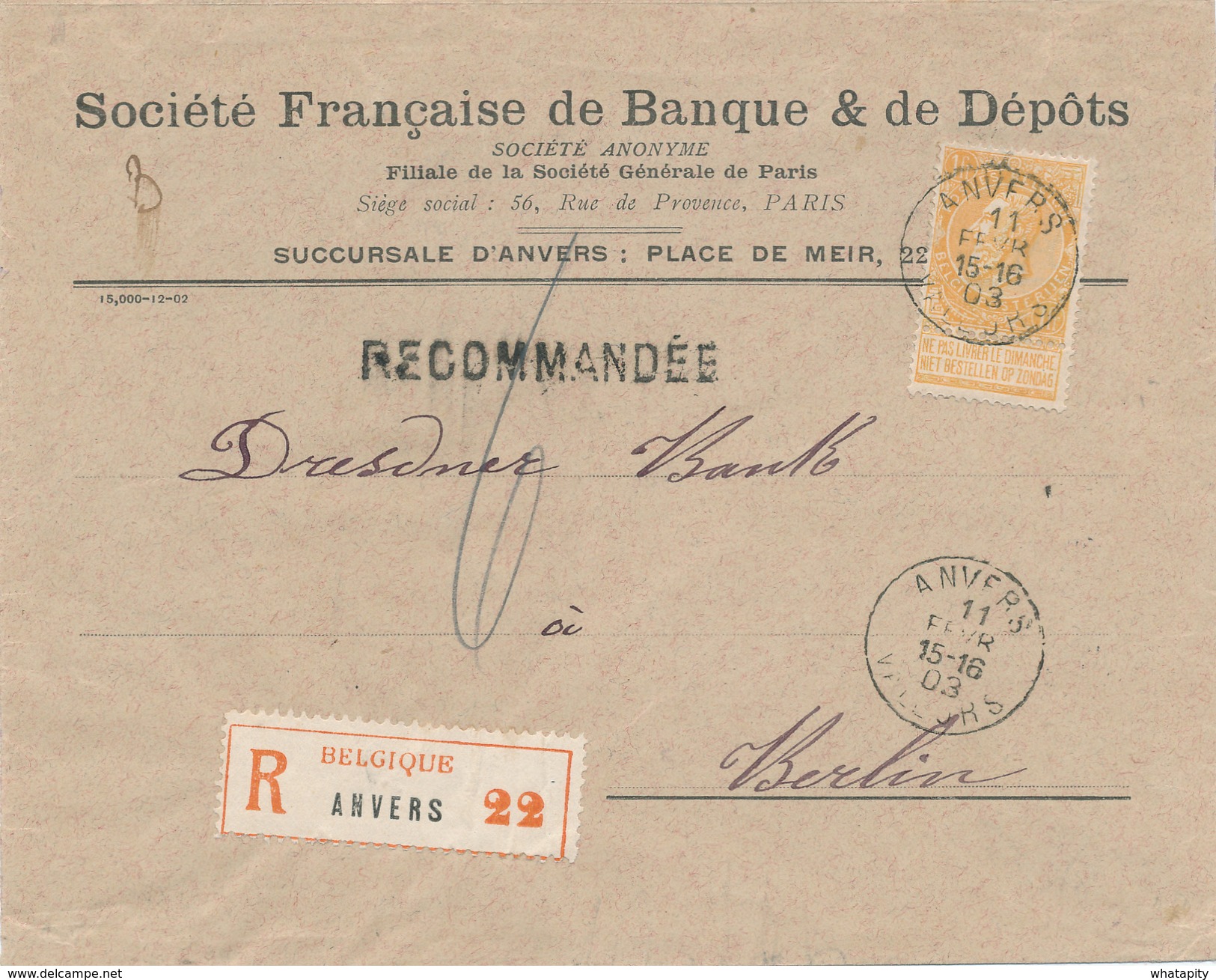 XX990 -- Lettre RECOMMANDEE TP Fine Barbe 1 Franc Jaune ANVERS 1903 Vers Allemagne - Très Frais - COB 260 EUR S/Lettre - 1893-1900 Fine Barbe