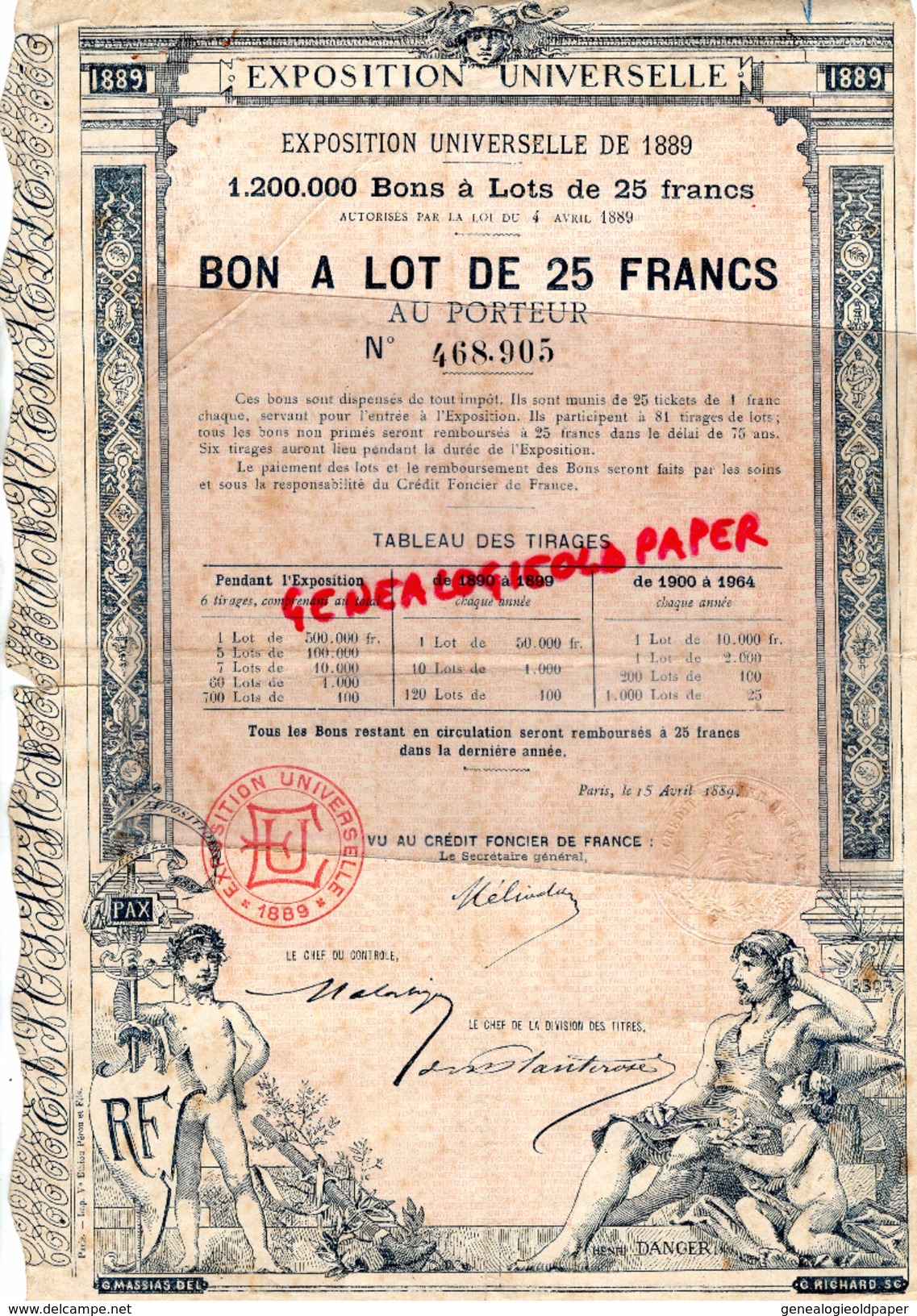 75 - PARIS - BON A LOT DE 25 FRANCS -EXPOSITION UNIVERSELLE DE 1889- 15 AVRIL 1889- CREDIT FONCIER FRANCE- HENRI DANGER - Autres & Non Classés