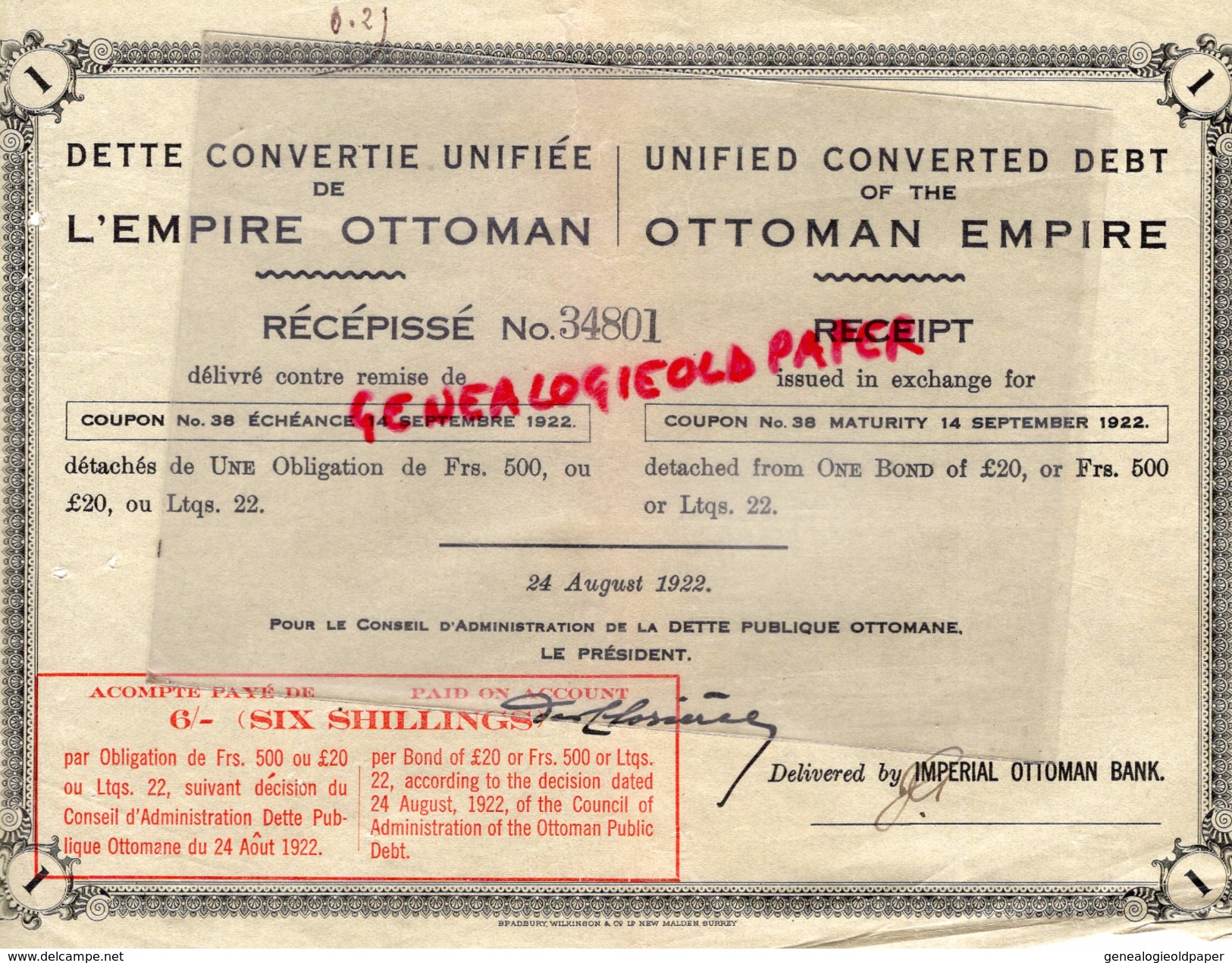 DETTE CONVERTIE UNIFIEE EMPIRE OTTOMAN- RECEPISSE N° 34801- OBLIGATION DE 500 FRANCS- 24 AOUT 1922 - Sonstige & Ohne Zuordnung