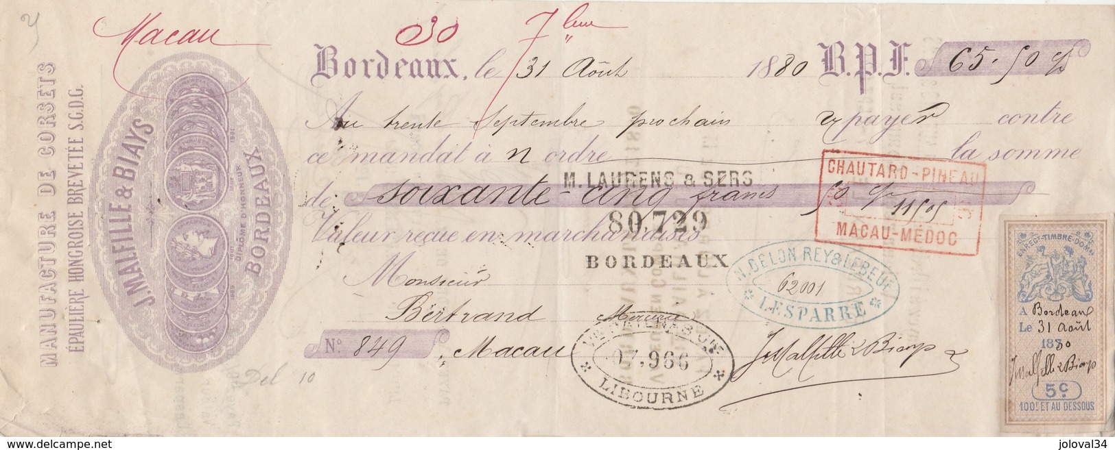 Lettre Change Avec Timbre Fiscal 31/8/1880 MALFILLE & BIAYS Corsets BORDEAUX Pour  Bertrand Macau Gironde - Lettres De Change