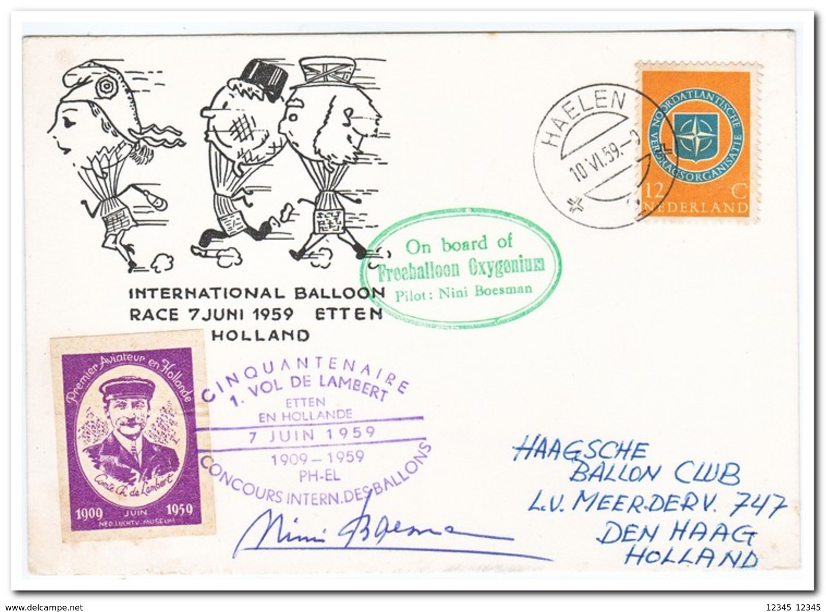 International Balloon Race 7-6-1959, Pilot Nina Boesman, With Signature, Afstempeling Haelen 10 VI 59 - Luchtballons