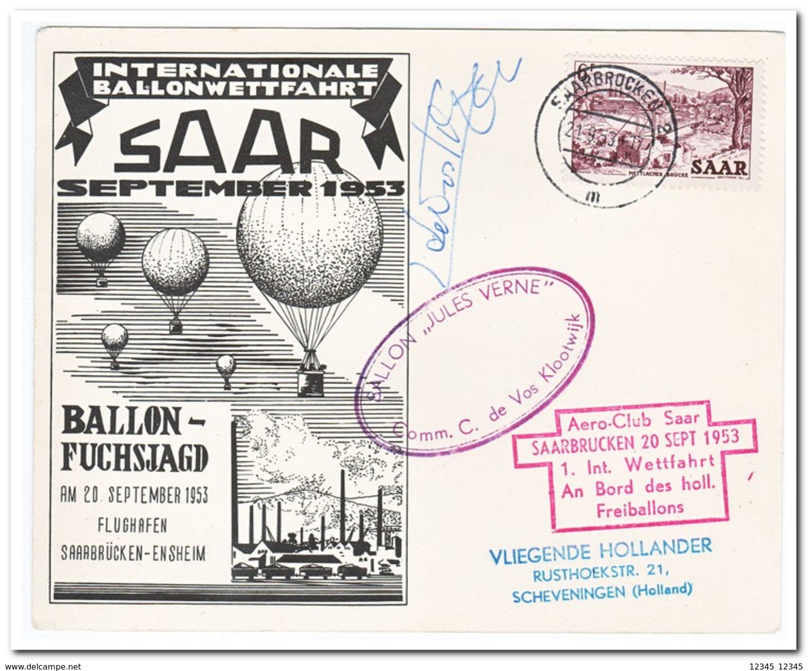 Internationale Ballonwettfahrt 1953 Saarbrücken, Ballon "Jules Verne" C. De Vos With Signature - Luchtballons