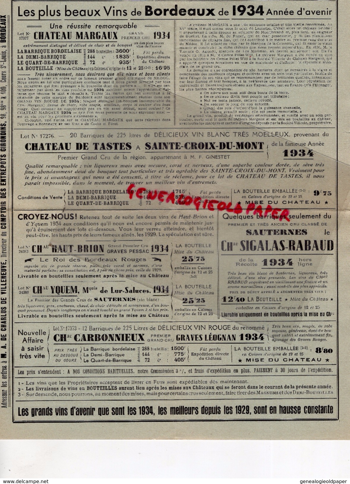 33 - BORDEAUX- CHATEAU BAUBENS MONTAGNE- DE CAMARSAC- BLANQUEFORT MEDOC- PAUILLAC-SAINT EMILION-MARGAUX-BARSAC-1934 - 1900 – 1949