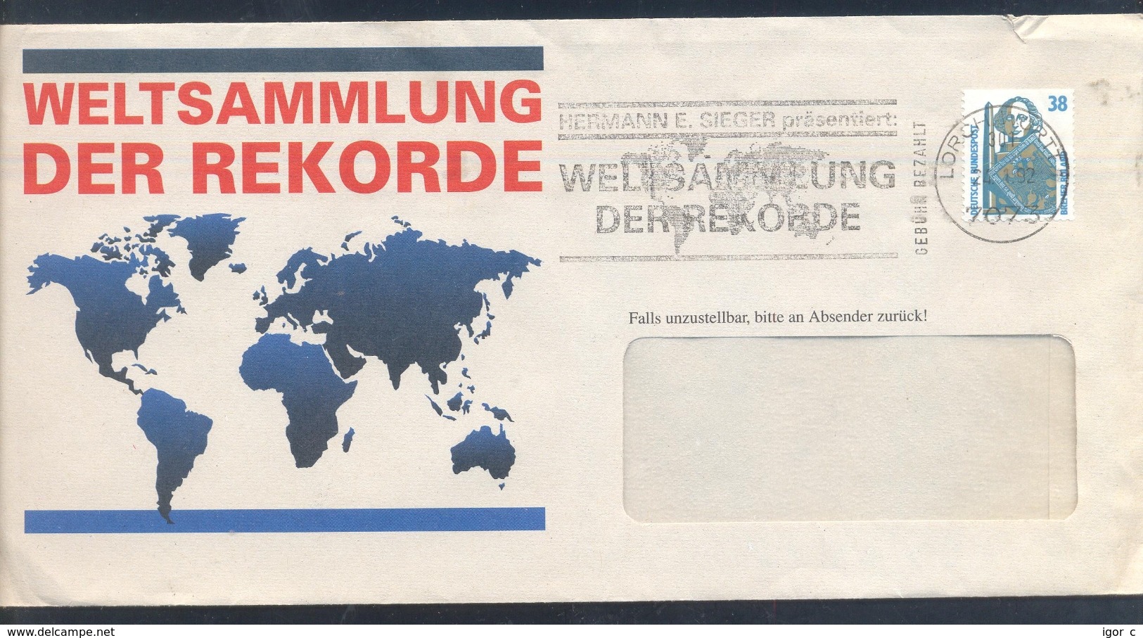 Germany 1992 Cover: Maps Weltsammlung Der Rekorde Slogan Cancellation - Geographie