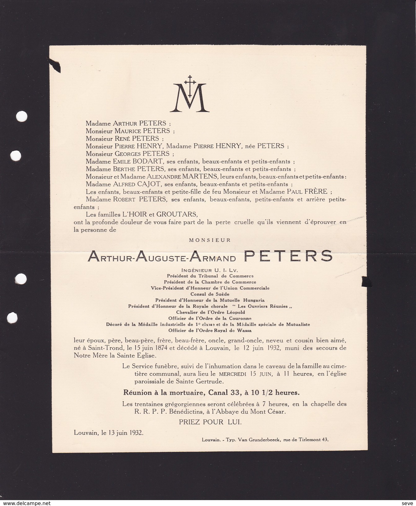 SAINT-TROND LOUVAIN Arthur PETERS Ingénieur Président Tribunal De Commerce BODART HENRY Doodsbrief 1874-1932 - Décès