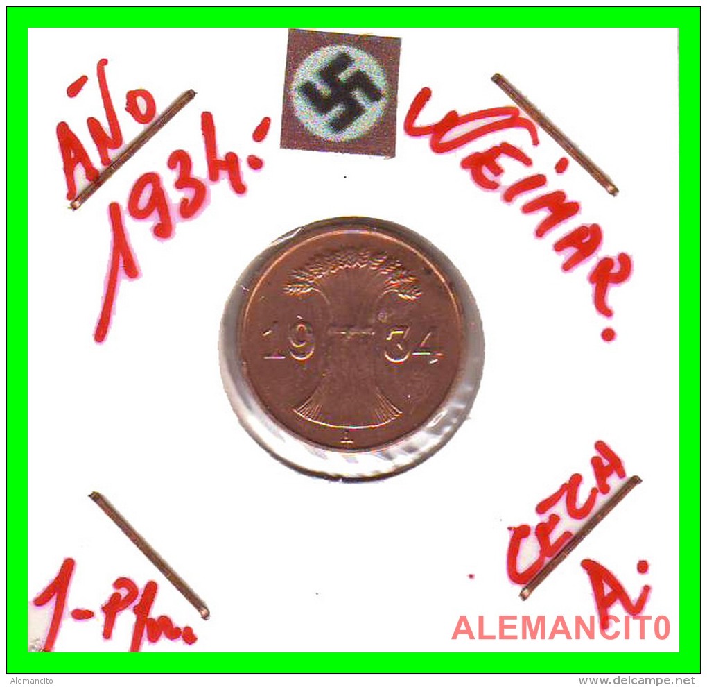 GERMANY  -   MONEDA  DE  1- REICHSPFENNIG  AÑO 1934 A   Bronze - 1 Renten- & 1 Reichspfennig