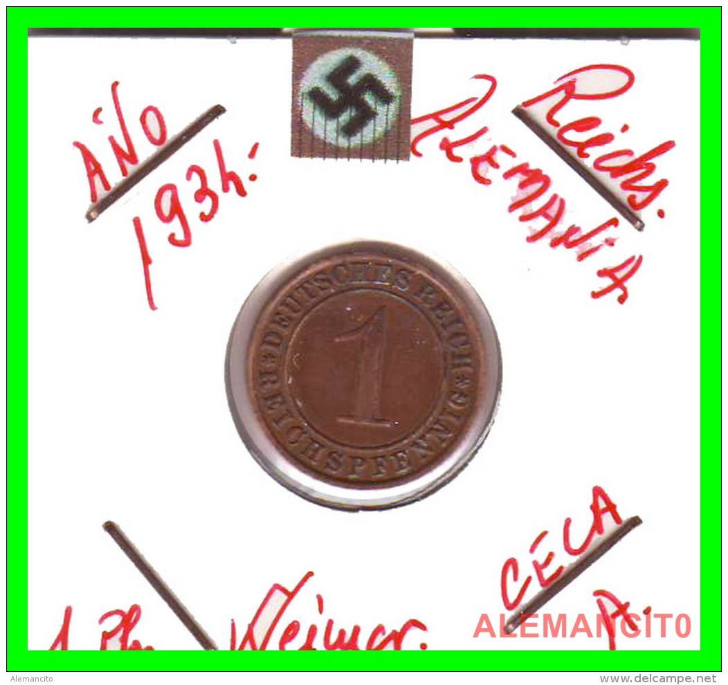 GERMANY  -   MONEDA  DE  1- REICHSPFENNIG  AÑO 1934 A   Bronze - 1 Renten- & 1 Reichspfennig