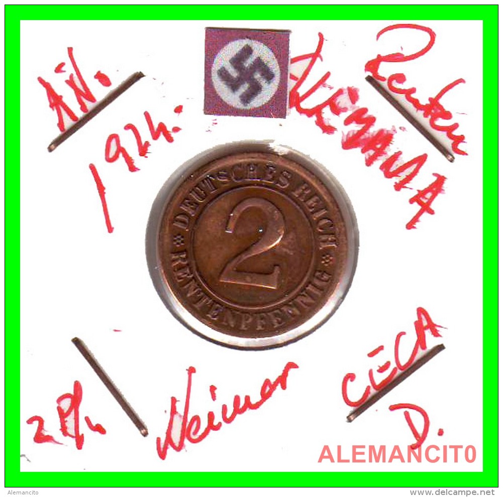 GERMANY - MONEDA DE 2- RENTENPFENNIG AÑO 1924 D  Bronze - 2 Rentenpfennig & 2 Reichspfennig