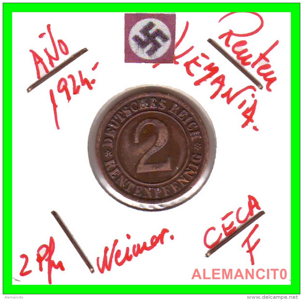 GERMANY - MONEDA DE 2- RENTENPFENNIG AÑO 1924 F  Bronze - 2 Renten- & 2 Reichspfennig