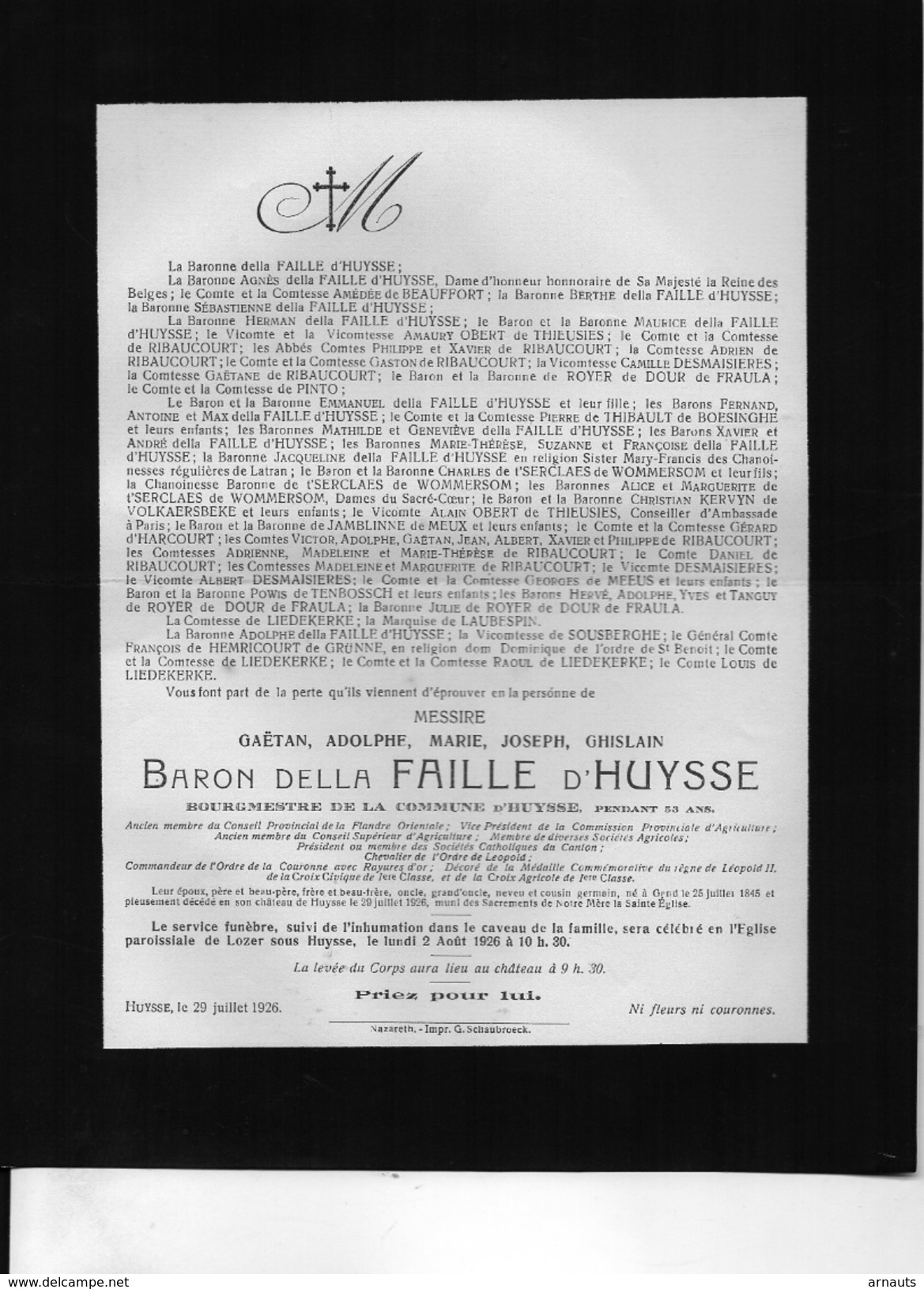 Gaëtan Della Faille D'Huysse Bourgmestre Huise °1845 Gent +1926 Lozer Zingem Nazareth Kruishoutem époux De Ribaucourt - Overlijden