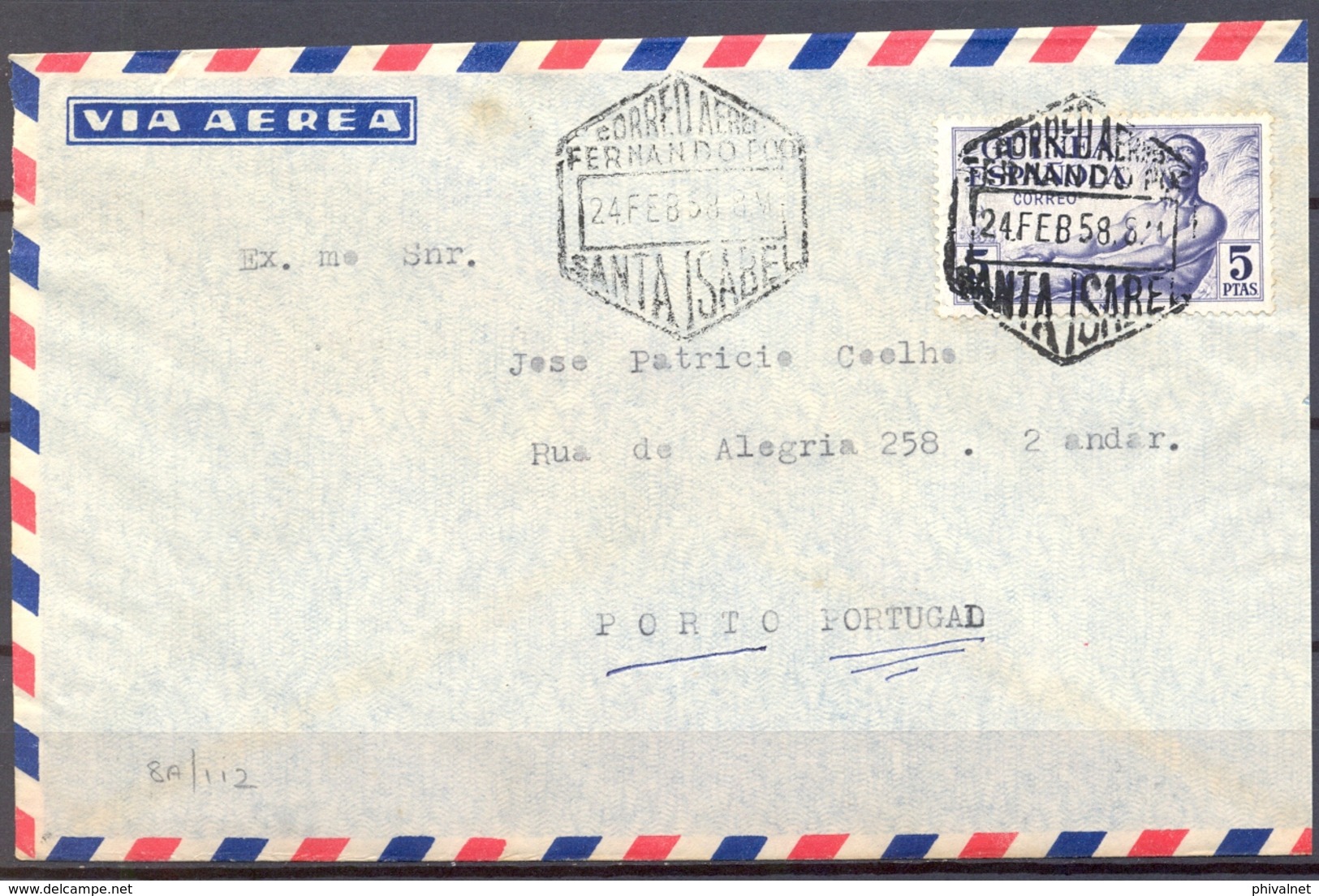 1958 , GUINEA , ED. 313 , SOBRE CIRCULADO POR CORREO AÉREO ENTRE SANTA ISABEL DE FERNANDO POO Y OPORTO - Guinea Española