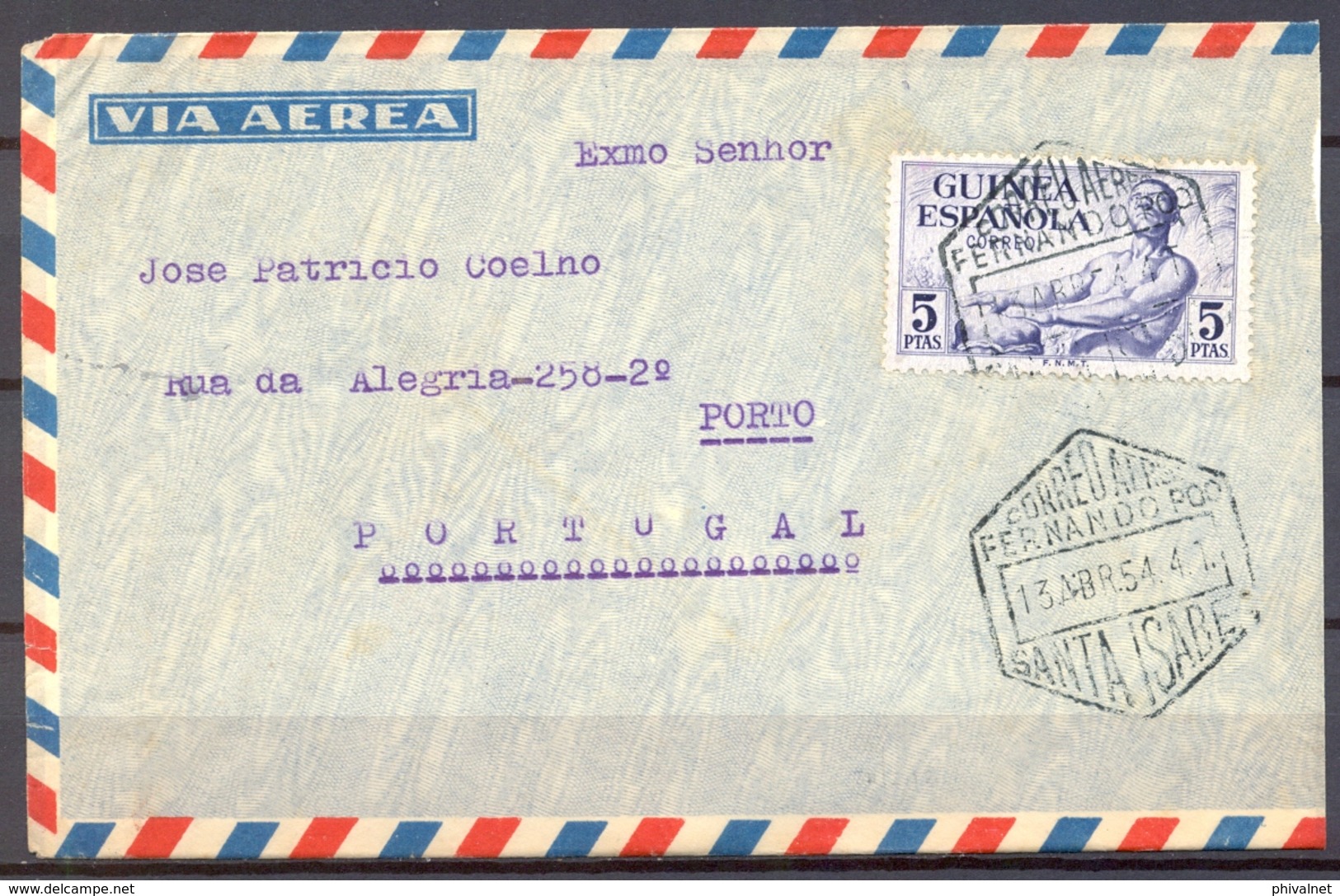 1954 , GUINEA , ED. 313 , SOBRE CIRCULADO POR CORREO AÉREO ENTRE SANTA ISABEL DE FERNANDO POO Y OPORTO - Guinea Española