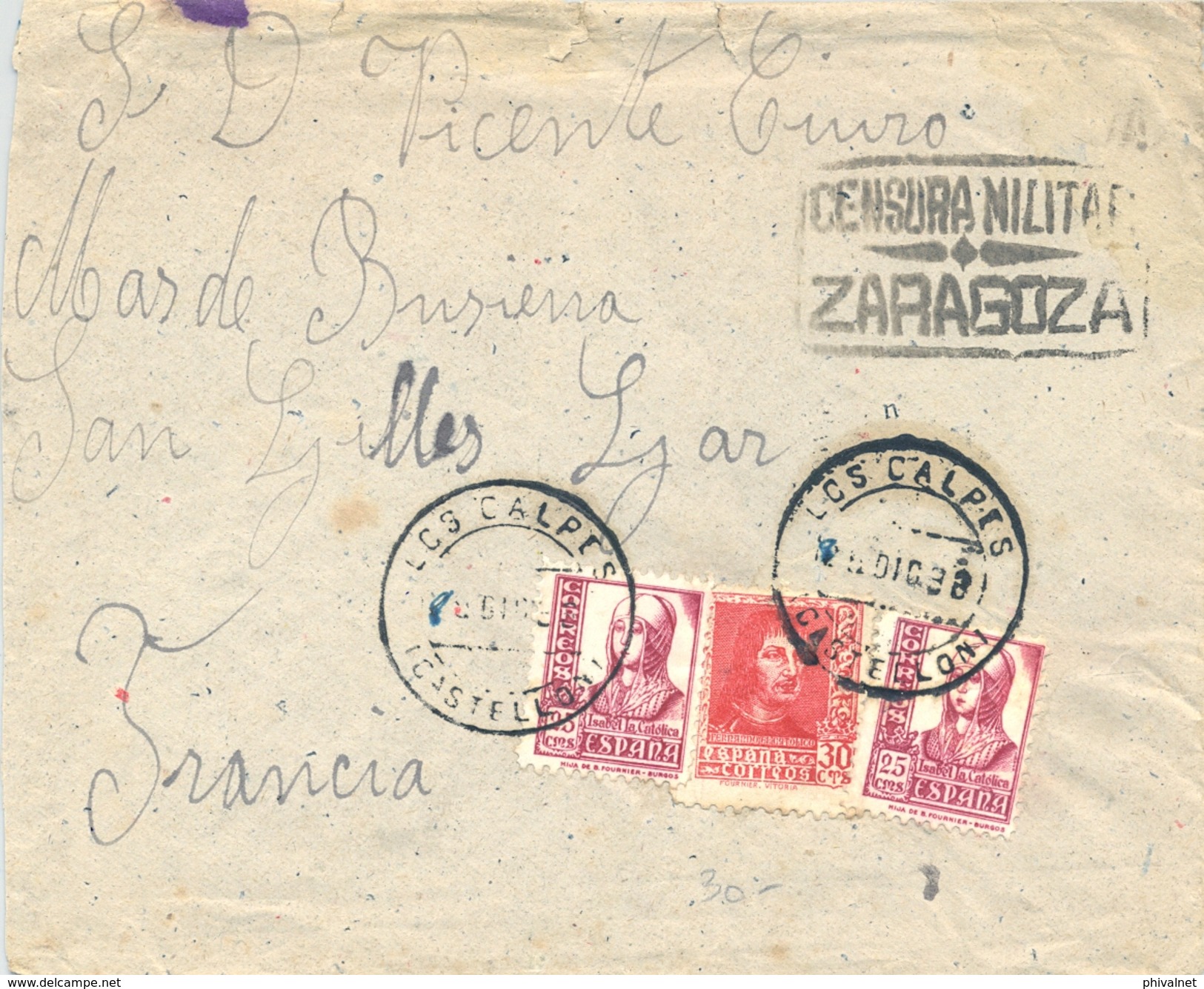 1938, CASTELLON , GUERRA CIVIL , SOBRE CIRCULADO ENTRE LOS CALPES Y FRANCIA , CENSURA MILITAR DE ZARAGOZA - Cartas & Documentos