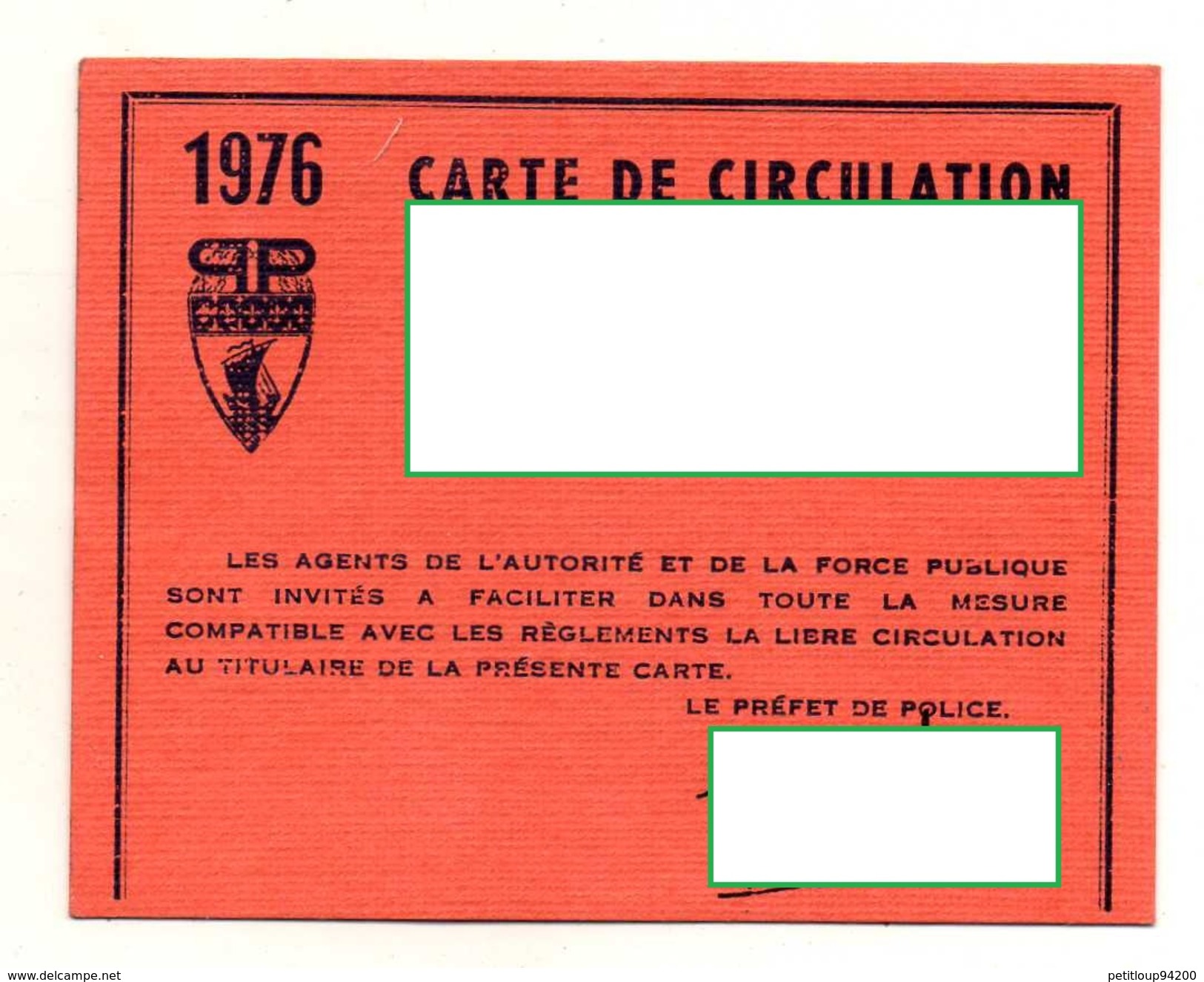 PREFECTURE DE POLICE  Carte De Circulation  1976 - Police & Gendarmerie