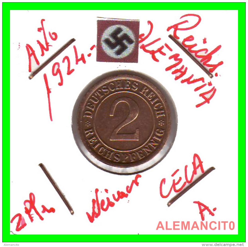 GERMANY - MONEDA DE 2- REICHSPFENNIG AÑO 1924 A Bronze - 2 Rentenpfennig & 2 Reichspfennig