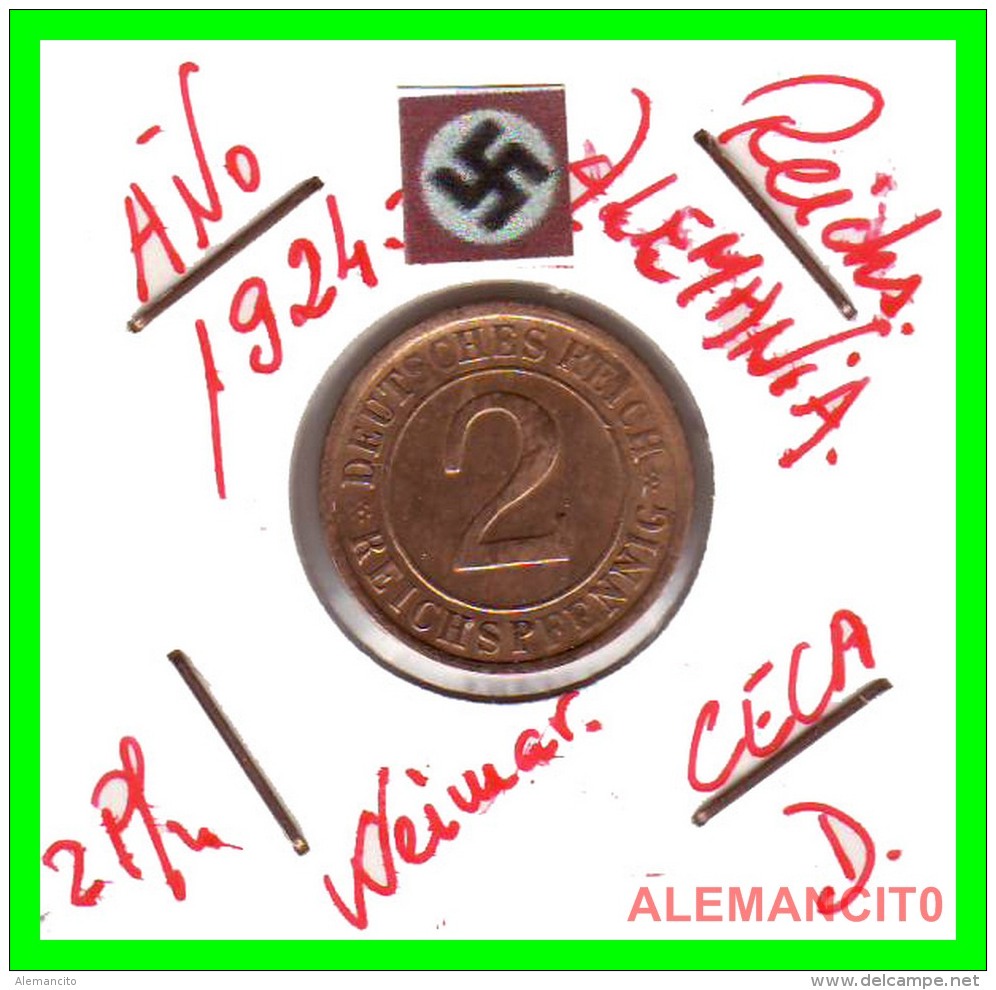GERMANY - MONEDA DE 2- REICHSPFENNIG AÑO 1924 D  Bronze - 2 Renten- & 2 Reichspfennig