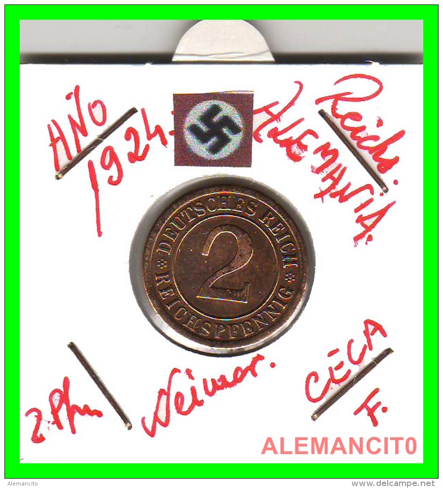 GERMANY - MONEDA DE 2- REICHSPFENNIG AÑO 1924 F  Bronze - 2 Rentenpfennig & 2 Reichspfennig